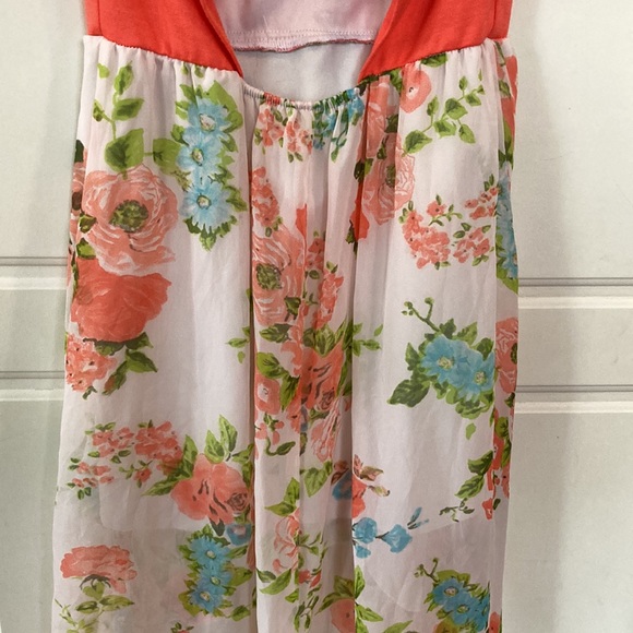 ⭐️ Summer Coral/White Floral Strapless Sheer Sweetheart Flowing Dress - Picture 11 of 14